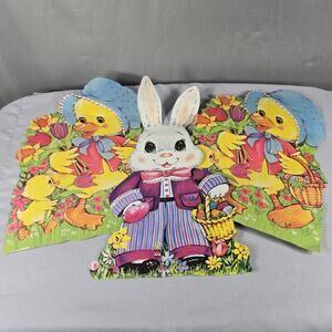 Vintage Used Easter Die Cut Cardboard Window Wall Decoration Bunny Chick READ